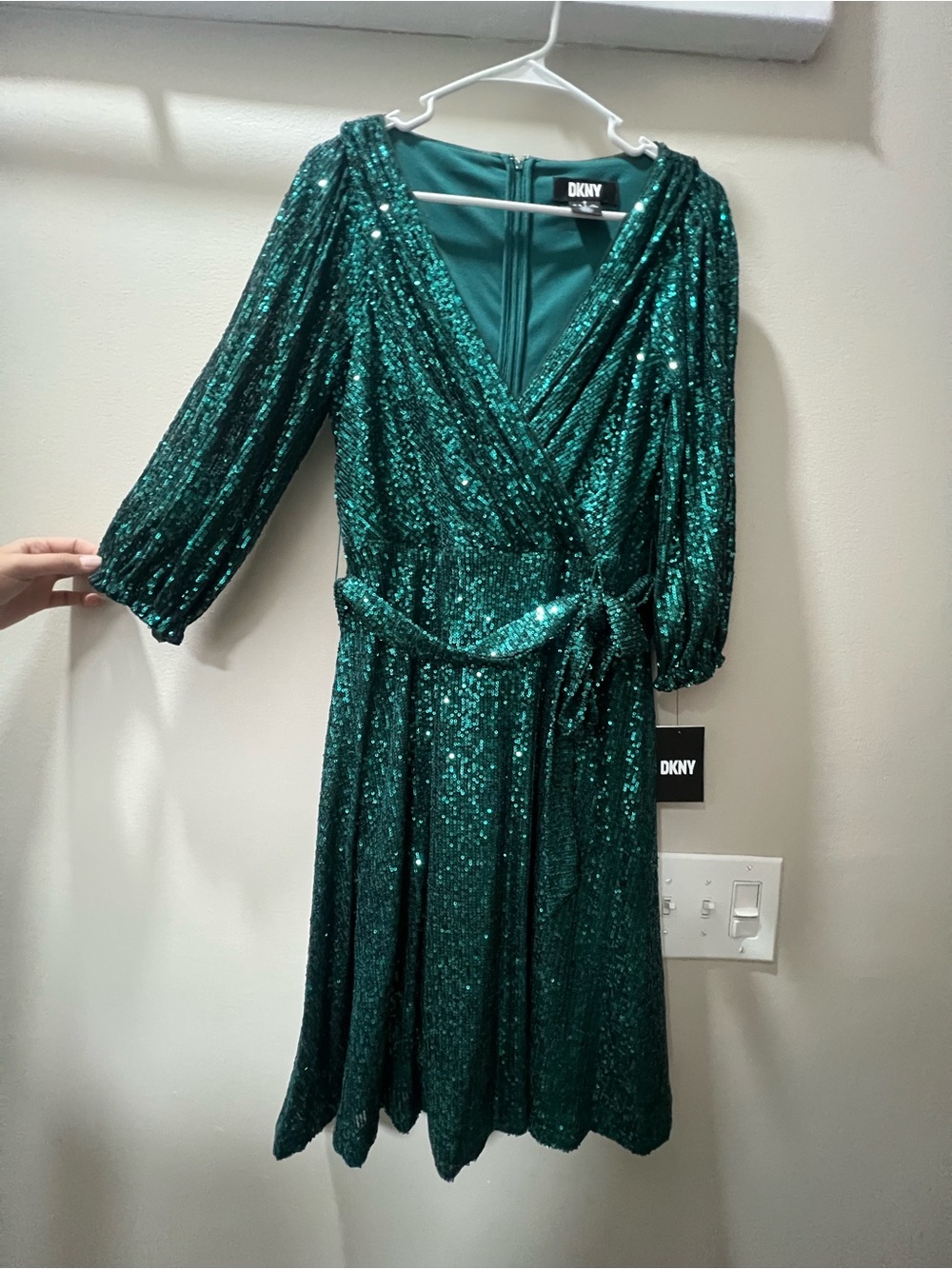 DKNY Emerald Green Sequin Wrap Midi Dress